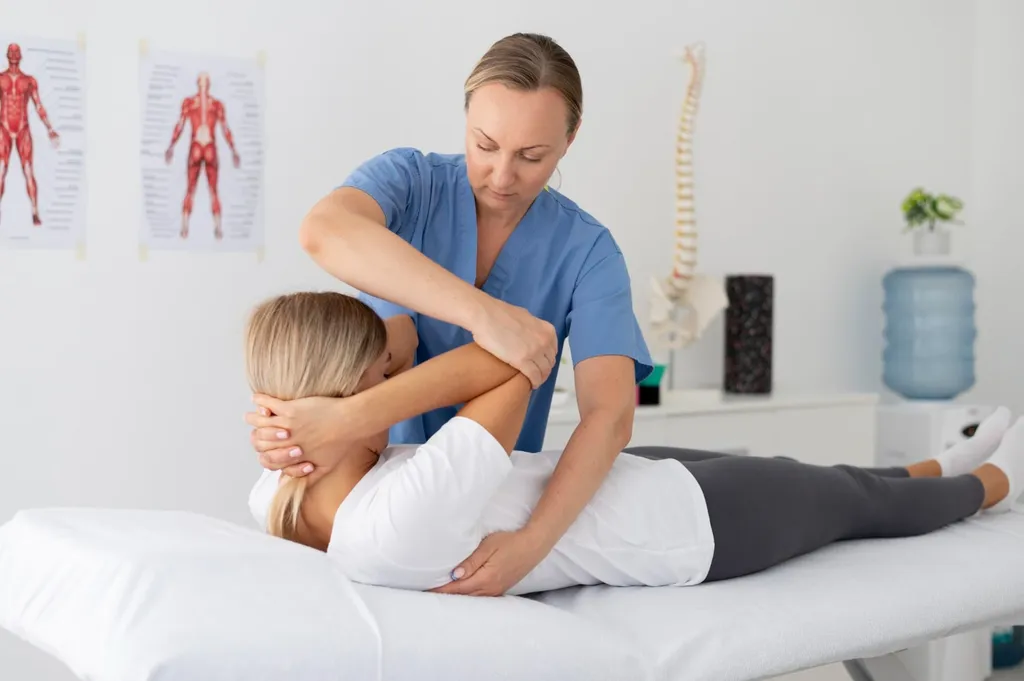 Physiotherapist guiding a patient through a leg-stretch on a treatment table