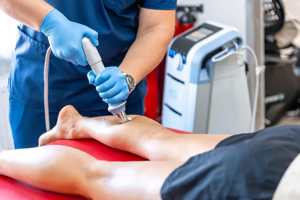 Shockwave therapy device applied to a patient’s leg for chronic tendon pain